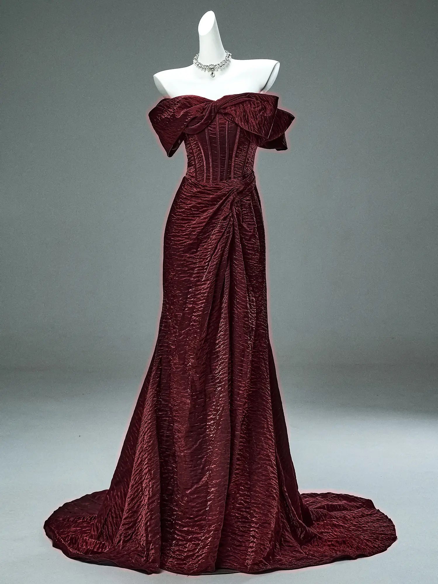 Burgundy Wrinkle Satin Prom Dresses with Bow, Boned Bodice & Corset Back - CQ0118-Couture Gown 2025 -Viniodress-Burgundy-Custom Size-