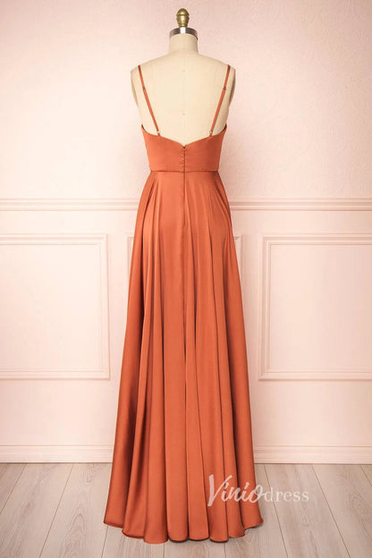 Burnt Orange Long Prom Dresses Spaghetti Strap FD2857-bridesmaid dresses 2025 -Viniodress-Burnt Orange-Custom Size-