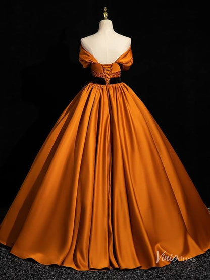 Burnt Orange Satin Prom Dresses with Black Belt Off the Shoulder Quinceanera Dresses BG044-prom dresses 2025 -Viniodress-Orange-Custom Size-