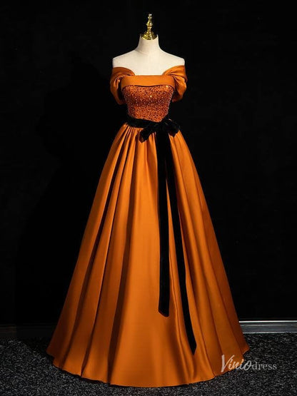 Burnt Orange Satin Prom Dresses with Black Belt Off the Shoulder Quinceanera Dresses BG044-prom dresses 2025 -Viniodress-Orange-Custom Size-