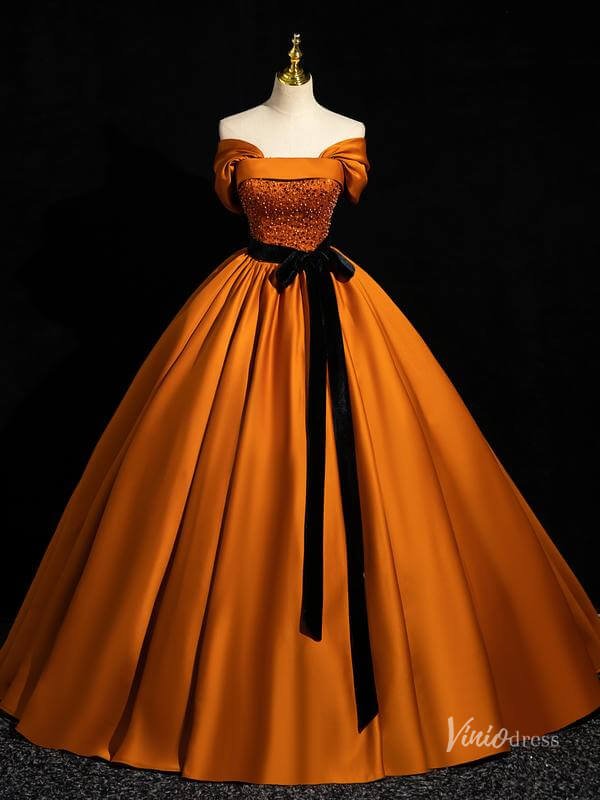 Burnt Orange Satin Prom Dresses with Black Belt Off the Shoulder Quinceanera Dresses BG044-prom dresses 2025 -Viniodress-Orange-Custom Size-