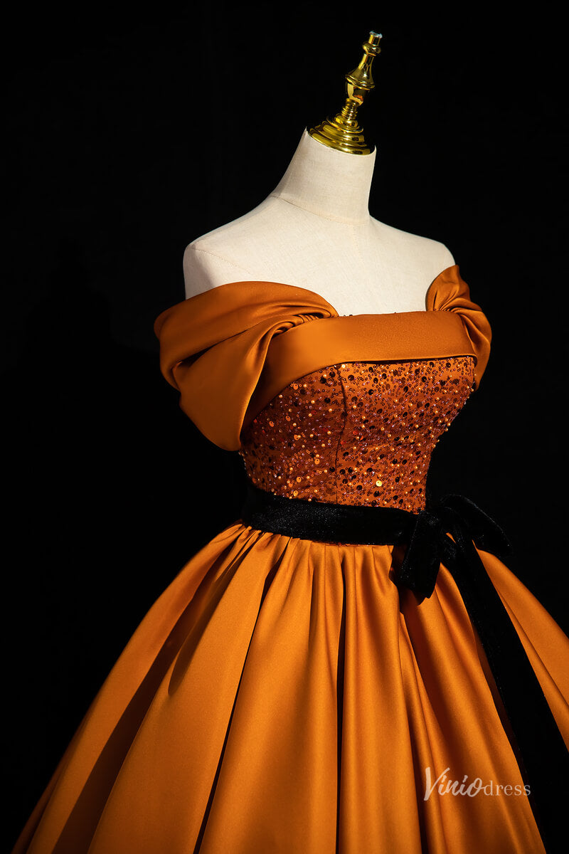 Prom Dress 2025 Burnt Orange Satin Prom Ball Gown with Belt Off the Shoulder Quinceanera Dresses BG044-unique prom dresses-Orange-Custom Size-Viniodress