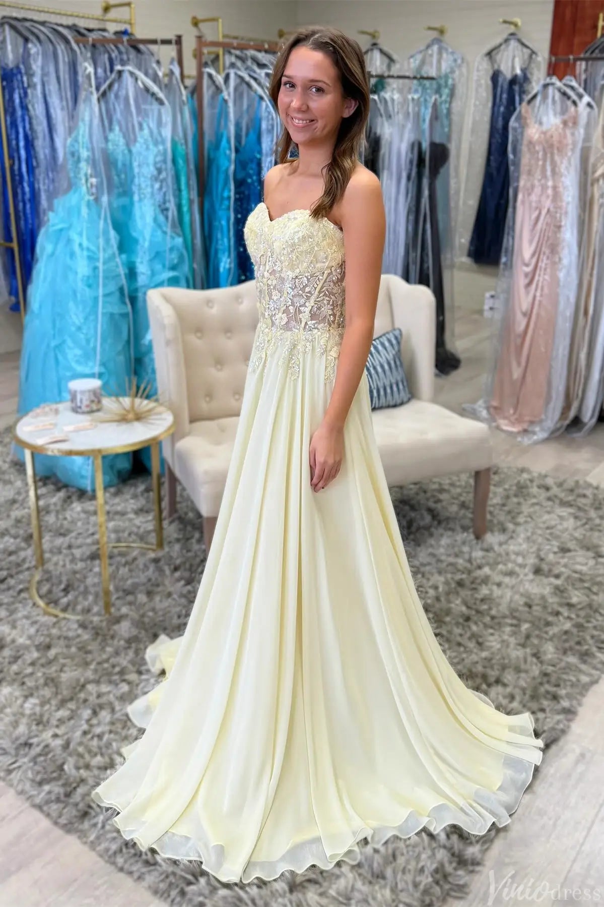 Butter Yellow Lace A-Line Prom Dress with Sweetheart Neck & Corset Back –  AE1005 – Viniodress