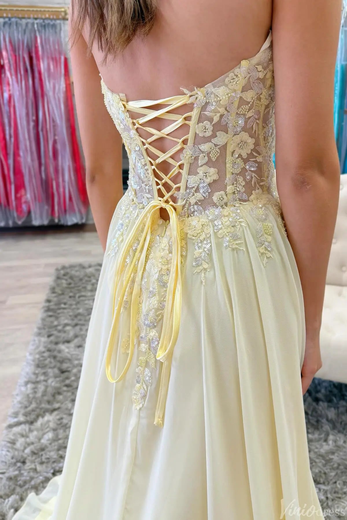 Butter Yellow Lace A-Line Prom Dress with Sweetheart Neck & Corset Back –  AE1005 – Viniodress