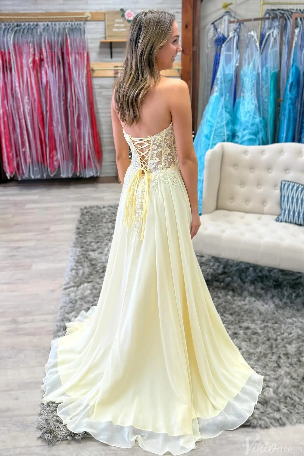 Butter Yellow Lace Appliqué A-Line Prom Dress with Strapless Sweetheart Neckline & Corset Back – AE1005-Prom Dresses 2025 -Viniodress-Yellow-Custom Size-