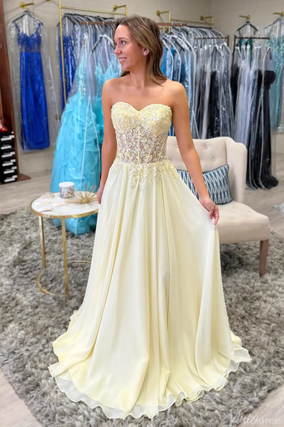 Butter Yellow Lace Appliqué A-Line Prom Dress with Strapless Sweetheart Neckline & Corset Back – AE1005-Prom Dresses 2025 -Viniodress-Yellow-Custom Size-