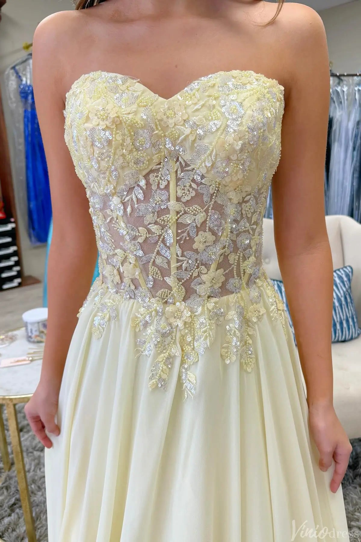 Butter Yellow Lace Appliqué A-Line Prom Dress with Strapless Sweetheart Neckline & Corset Back – AE1005-Prom Dresses 2025 -Viniodress-Yellow-Custom Size-