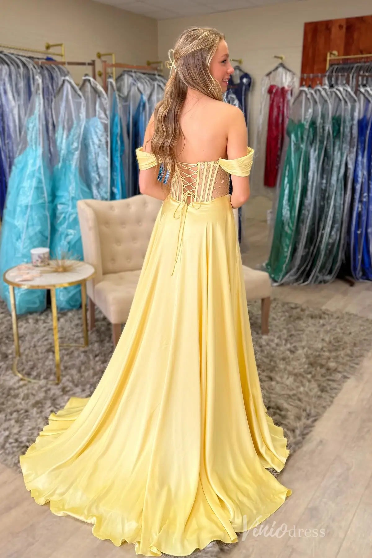 Butter Yellow Off-Shoulder Prom Dress with Beaded Bodice and Satin Skirt AS008 Viniodress Butter Yellow Off-Shoulder Prom Dress with Beaded Bodice and Satin Skirt AS008 Viniodress