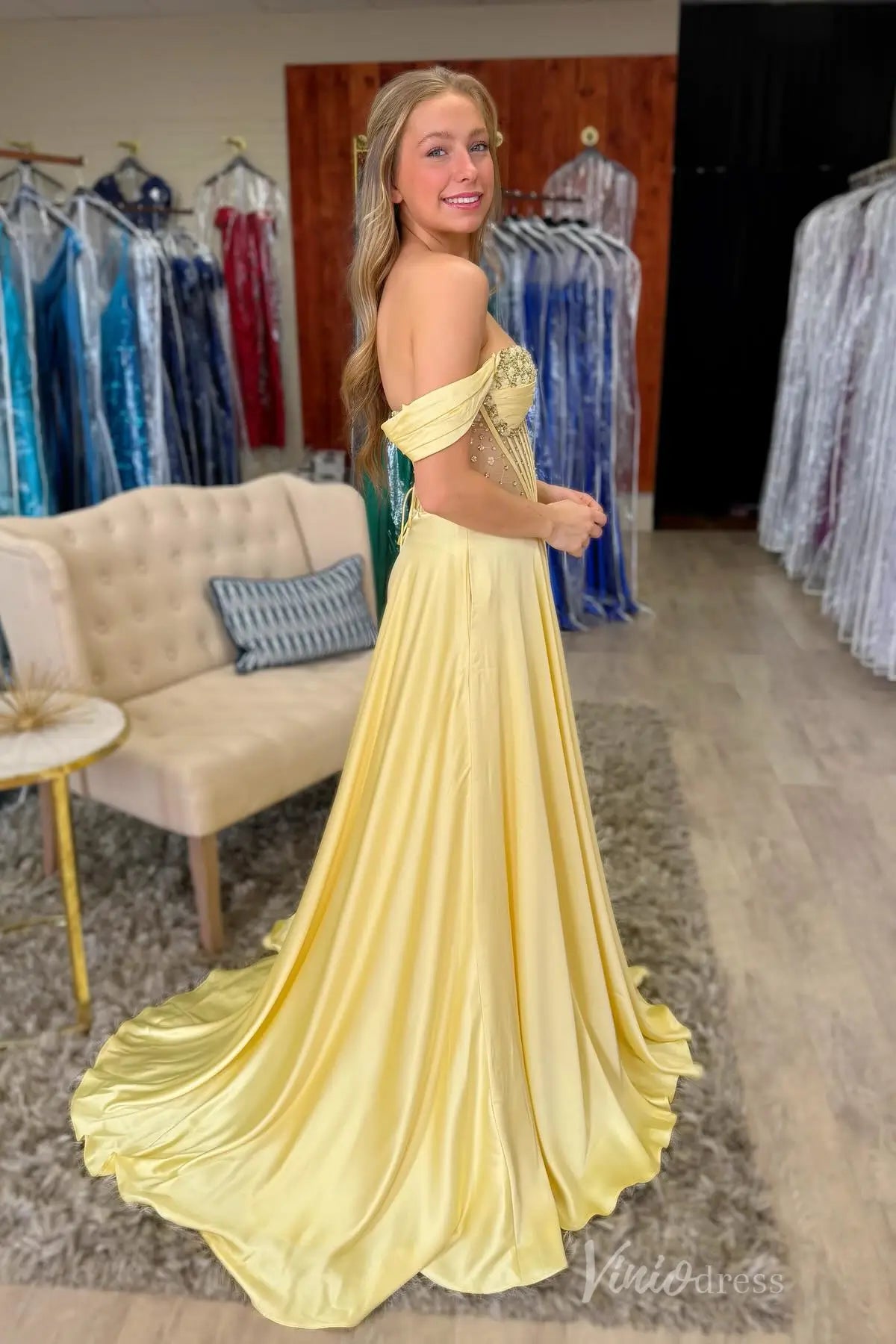 Butter Yellow Off-Shoulder Prom Dress with Beaded Bodice and Satin Skirt AS008 Viniodress Butter Yellow Off-Shoulder Prom Dress with Beaded Bodice and Satin Skirt AS008 Viniodress