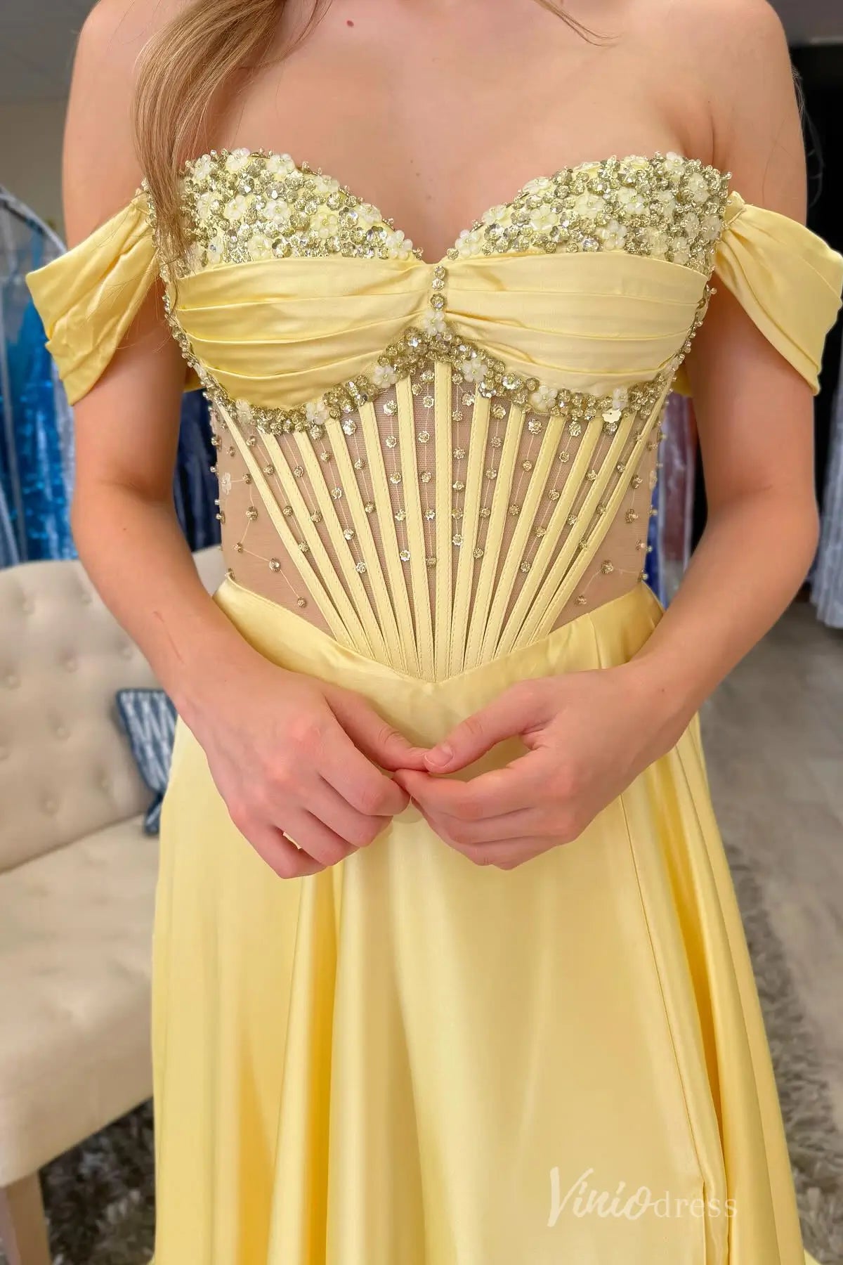 Butter Yellow Off-Shoulder Prom Dress with Beaded Bodice and Satin Skirt AS008 Viniodress Butter Yellow Off-Shoulder Prom Dress with Beaded Bodice and Satin Skirt AS008 Viniodress
