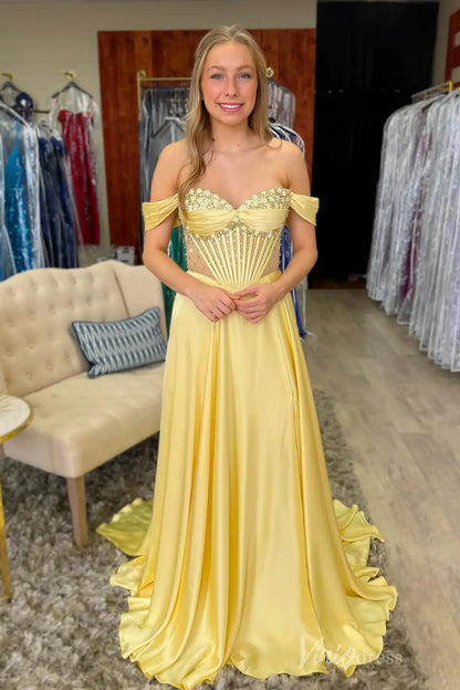 Butter Yellow Off-Shoulder Prom Dress with Beaded Sweetheart Bodice, Sheer Corset Back and Flowing Satin Skirt – AS008-prom dresses 2025 -Viniodress-Yellow-Custom Size-