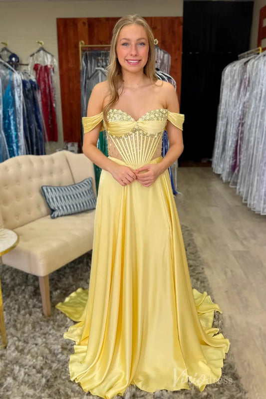 Butter Yellow Off-Shoulder Prom Dress with Beaded Sweetheart Bodice, Sheer Corset Back and Flowing Satin Skirt – AS008-prom dresses 2025 -Viniodress-Yellow-Custom Size-
