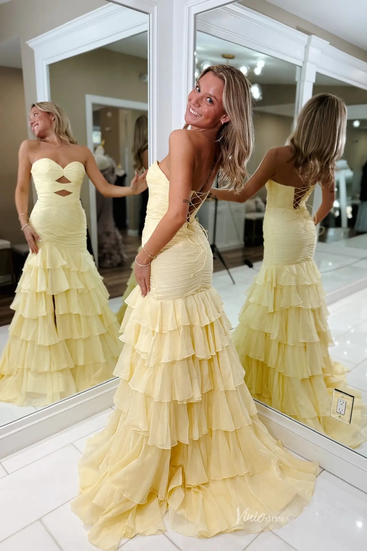 Butter Yellow Strapless Ruffled Mermaid Prom Dress with Cutout Bodice Viniodress Butter Yellow Strapless Ruffled Mermaid Prom Dress with Cutout Bodice Viniodress