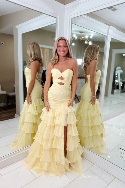 Butter Yellow Strapless Ruffled Mermaid Prom Dress with Cutout Bodice & Slit RF167-prom dresses 2026-Viniodress-Butter Yellow-Custom Size-