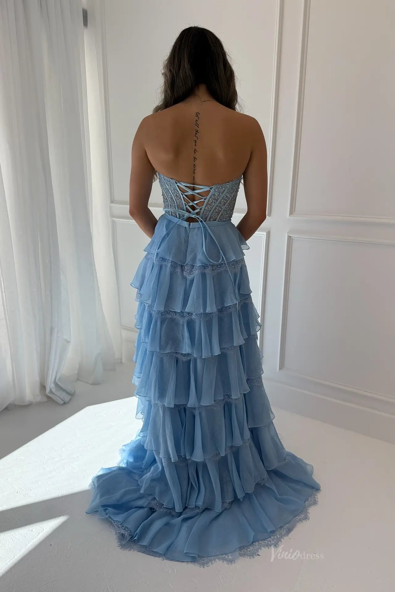 Butter Yellow Strapless Tiered Prom Dresses with Lace Corset Bodice and Slit RF323-prom dresses 2026-Viniodress-Butter Yellow-Custom Size – Add Measurements in Cart-