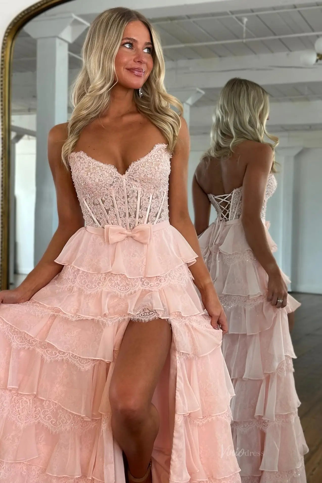 Butter Yellow Strapless Tiered Prom Dresses with Lace Corset Bodice and Slit RF323-prom dresses 2026-Viniodress-Butter Yellow-Custom Size – Add Measurements in Cart-