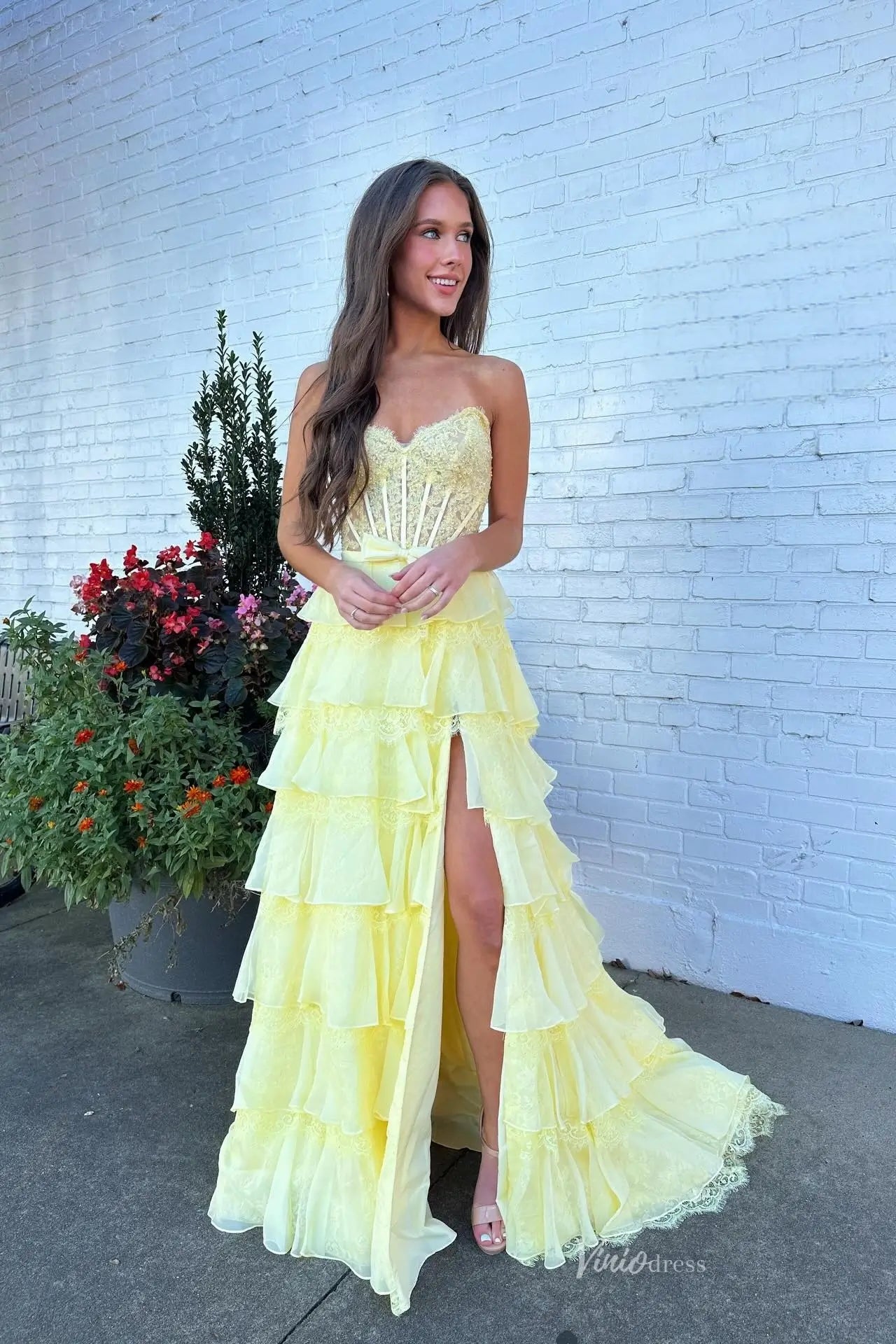 Butter Yellow Strapless Tiered Prom Dresses with Lace Corset Bodice an – Viniodress Butter Yellow Strapless Tiered Prom Dresses with Lace Corset Bodice an – Viniodress
