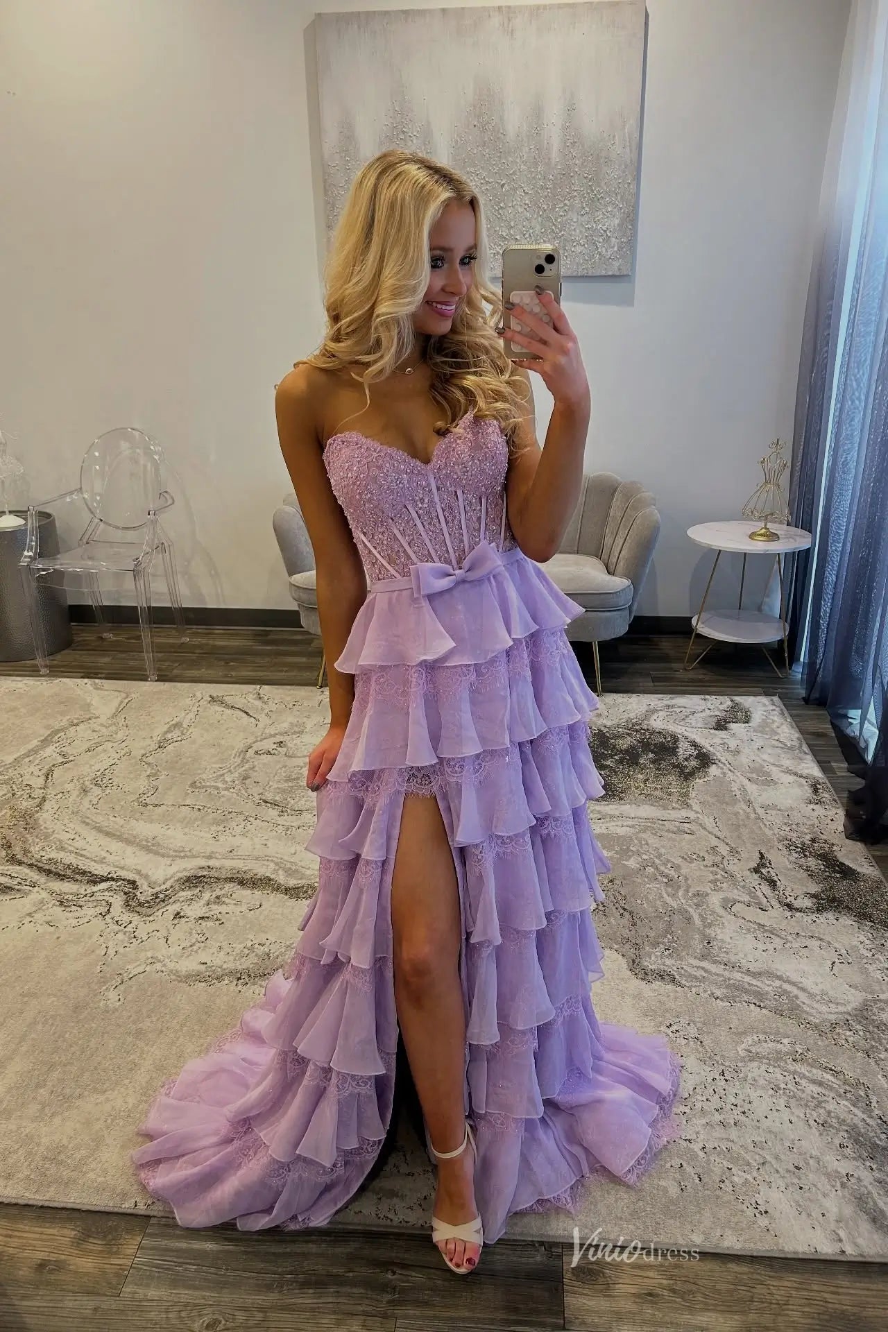 strapless open back dress Purple Ruched Top Satin Pleated Tea Length Dress main image 1
