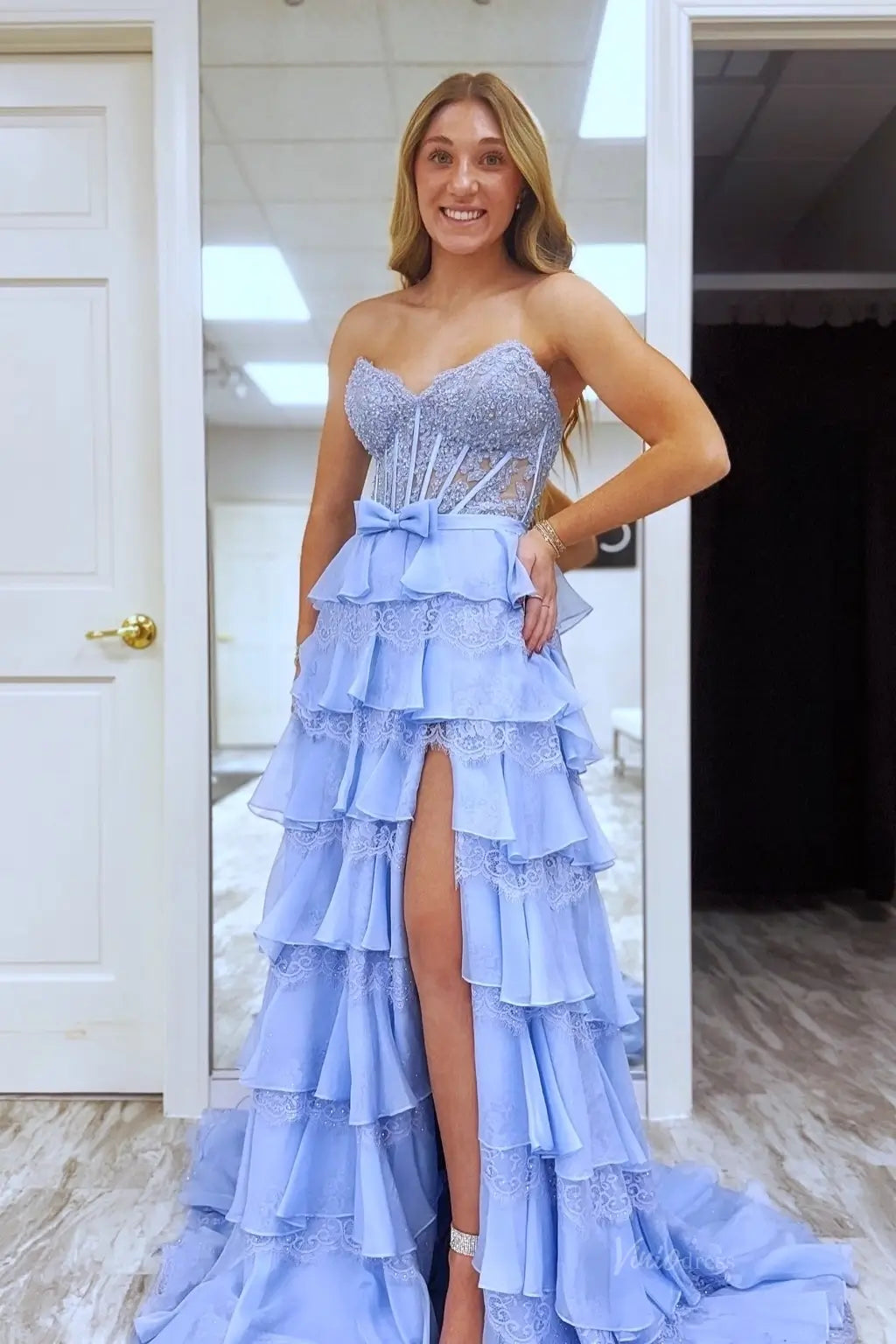 strapless prom dress hairstyles Butter Yellow Strapless Tiered Prom Dresses with Lace Corset Bodice an – Viniodress