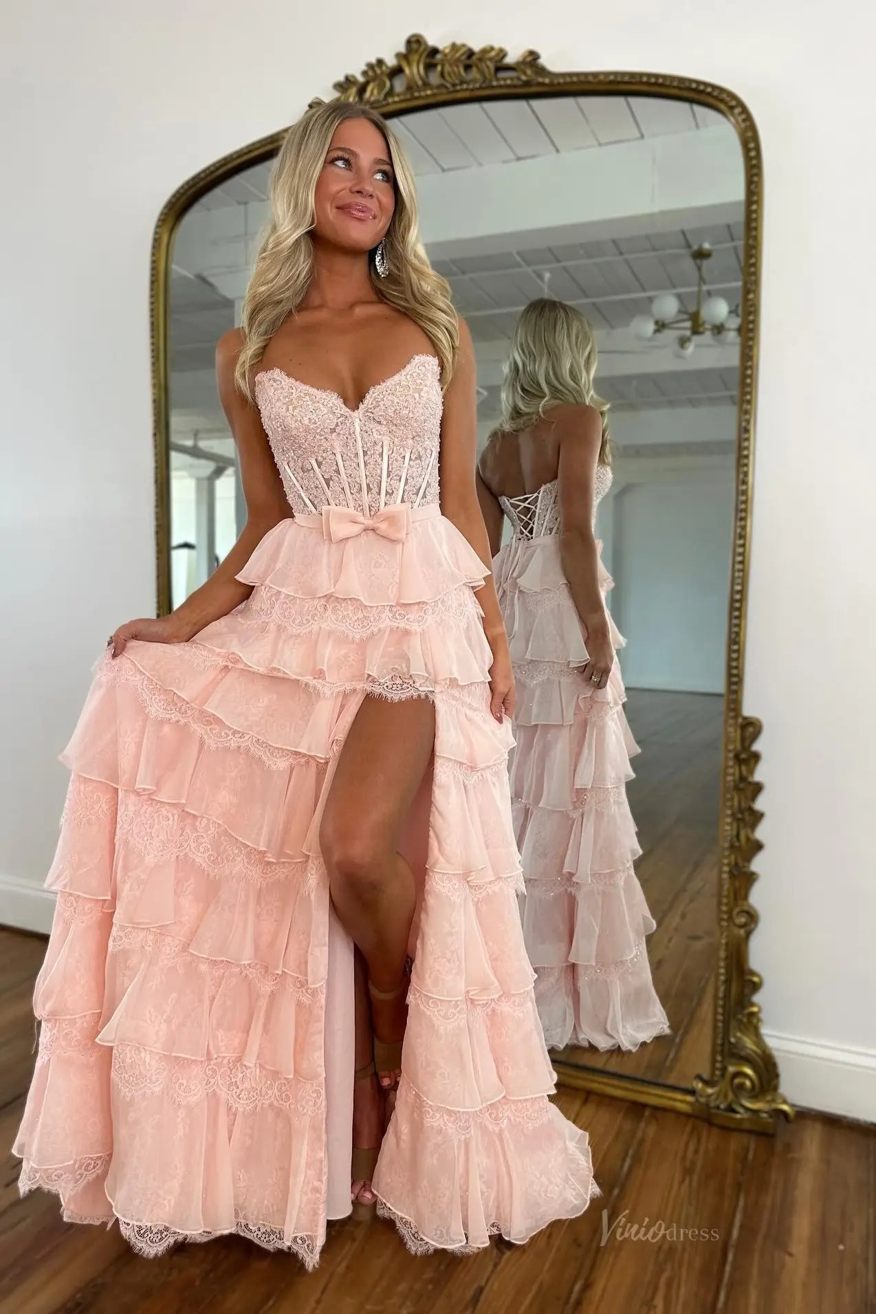 Butter Yellow Strapless Tiered Prom Dresses with Lace Corset Bodice and Slit RF323-prom dresses 2026-Viniodress-Pink-Custom Size – Add Measurements in Cart-
