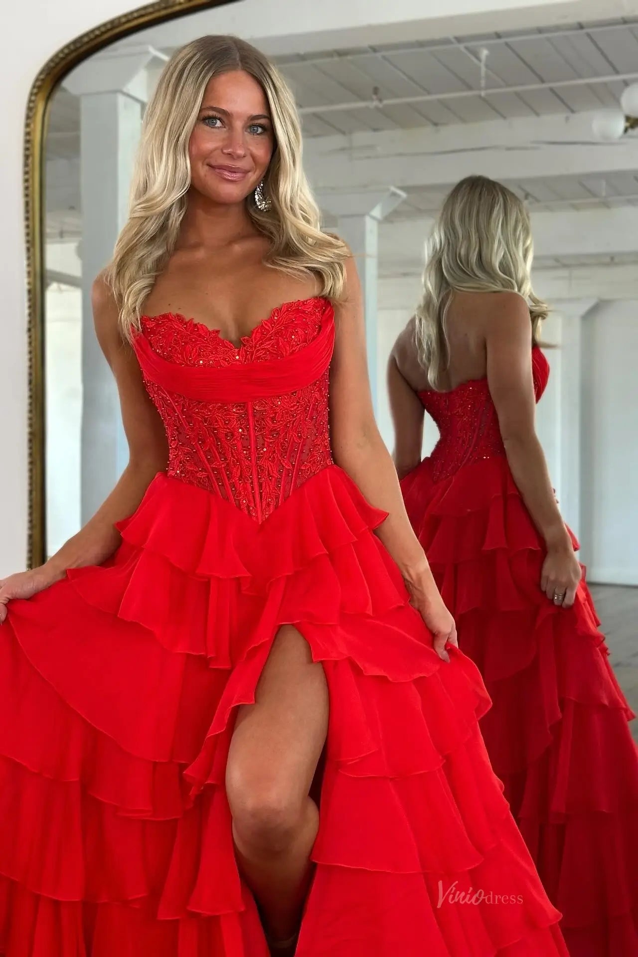 Butter Yellow Strapless Tiered Prom Dresses with Lace Corset Bodice and Slit RF323-prom dresses 2026-Viniodress-Red-Custom Size – Add Measurements in Cart-