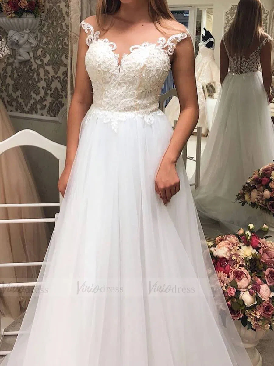 Cap Sleeve Beaded Lace Beach Wedding Dresses See Through VW1384-wedding dresses-Viniodress-Viniodress