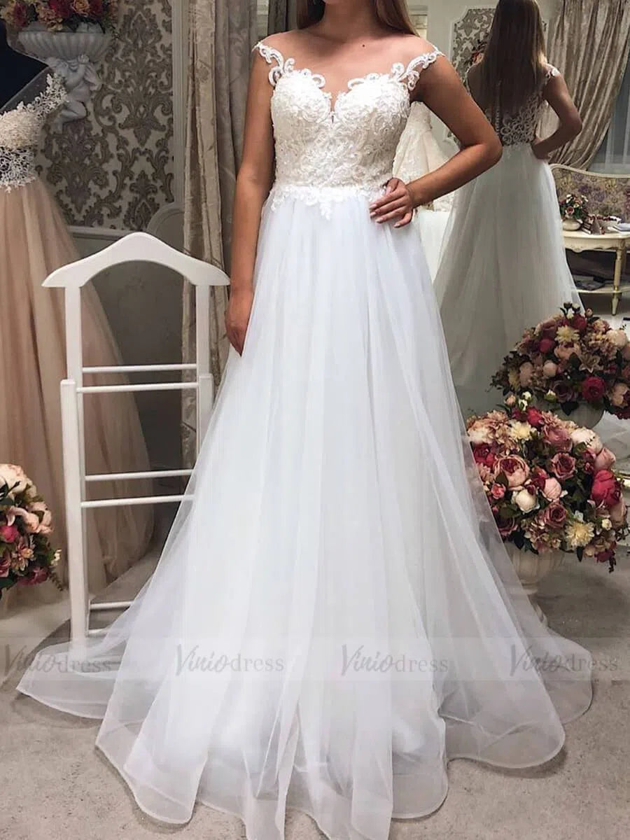 Cap Sleeve Beaded Lace Beach Wedding Dresses See Through VW1384-wedding dresses-Viniodress-Ivory-Custom Size-Viniodress