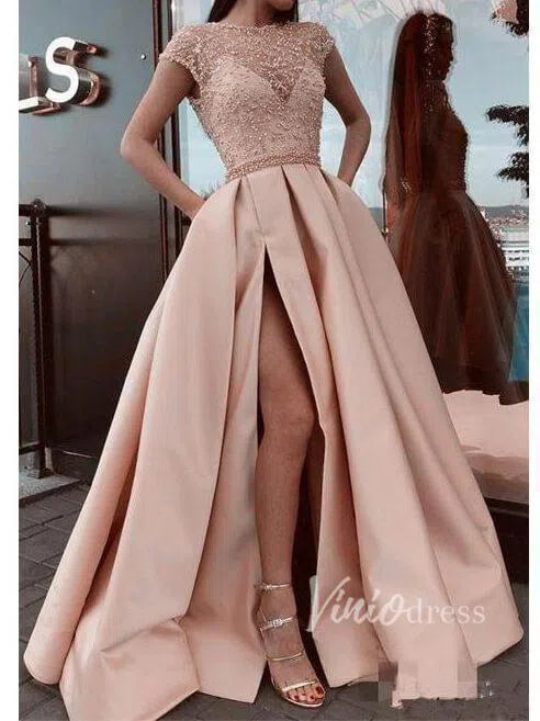 Cap Sleeve Beaded Long Prom Dresses with Pockets FD1397-prom dresses-Viniodress-Blush Pink-Custom Size-Viniodress