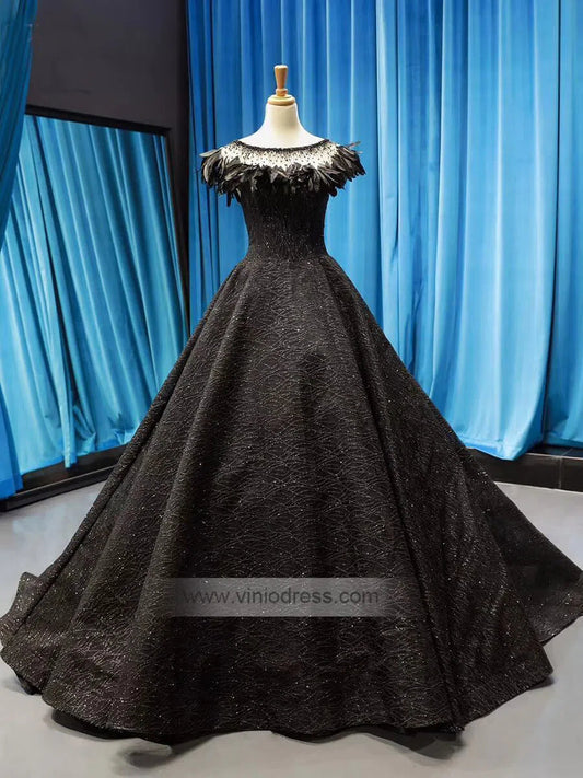 Prom Dress 2025 Cap Sleeve Black Lace Prom Dresses Feather Formal Gowns FD1167 viniodress-unique prom dresses-Black-Custom Size-Viniodress