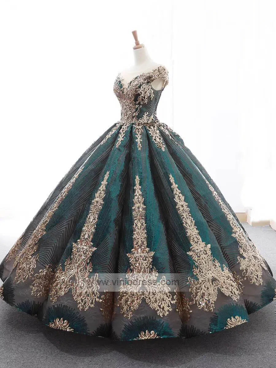 Cap Sleeve Dark Green Ball Gowns Sparkly Sequin Wedding Dress 66754 viniodress-prom dresses 2025 -Viniodress-Emerald Green-Custom Size-
