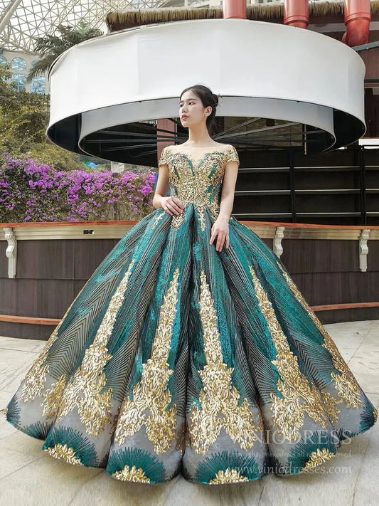 Cap Sleeve Dark Green Ball Gowns Sparkly Sequin Wedding Dress 66754 viniodress-prom dresses 2025 -Viniodress-Emerald Green-Custom Size-