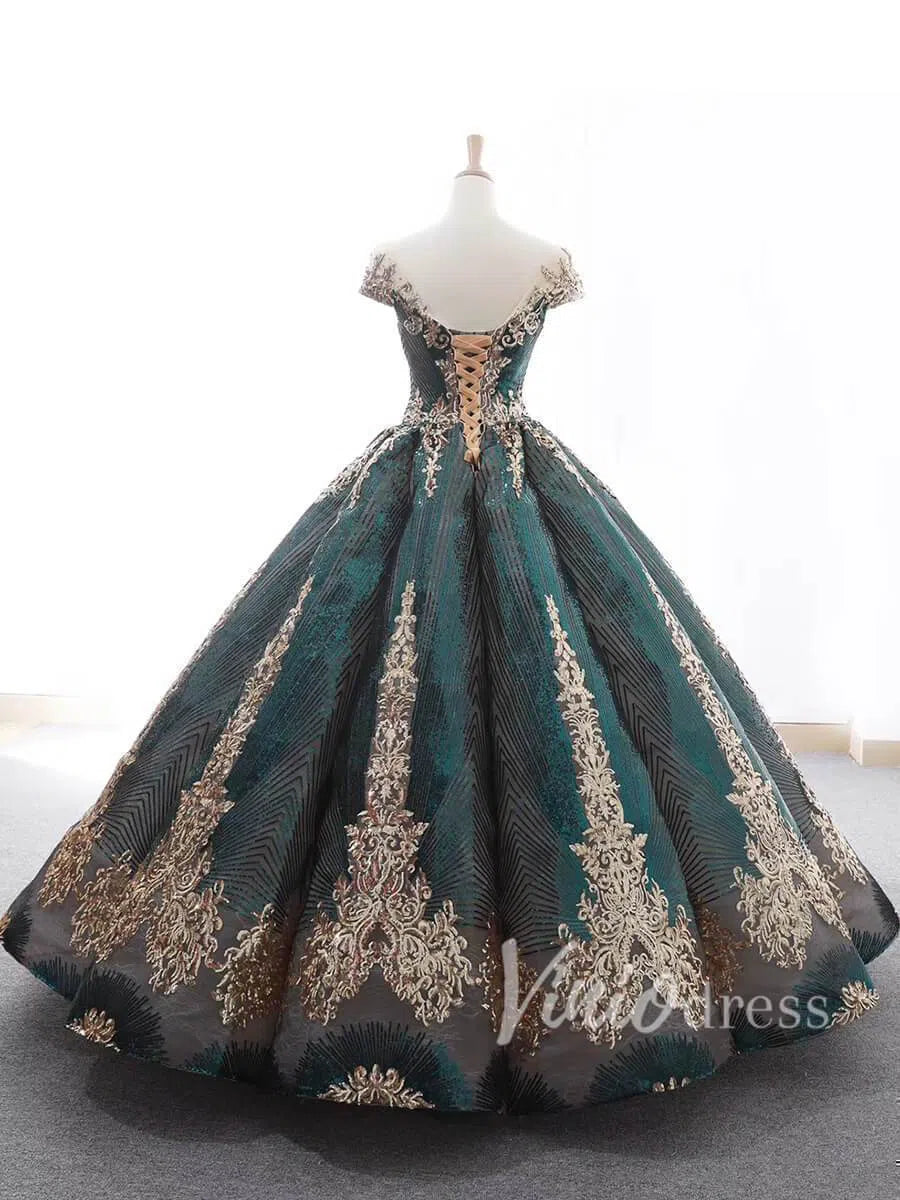 Cap Sleeve Dark Green Ball Gowns Sparkly Sequin Wedding Dress 66754 viniodress-prom dresses-Viniodress-Viniodress