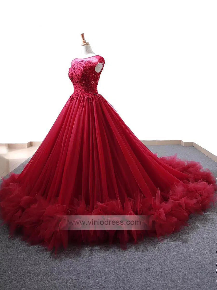 Cap Sleeve Dark Red Ball Gown Prom Dresses Beaded Quinceanera Dress FD1094 viniodress-prom dresses 2025 -Viniodress-Rose Red-US 2-