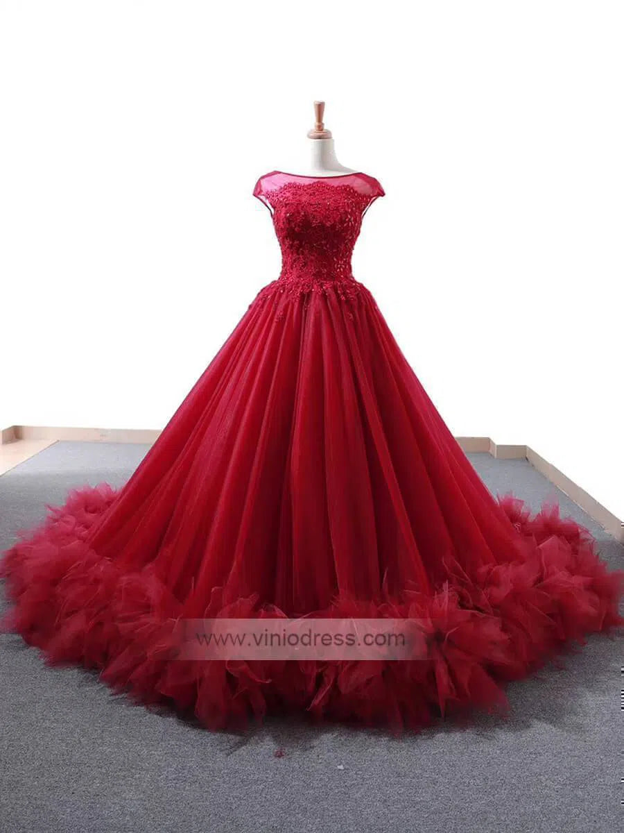 Cap Sleeve Dark Red Ball Gown Prom Dresses Beaded Quinceanera Dress FD1094 viniodress-prom dresses 2025 -Viniodress-Rose Red-US 2-