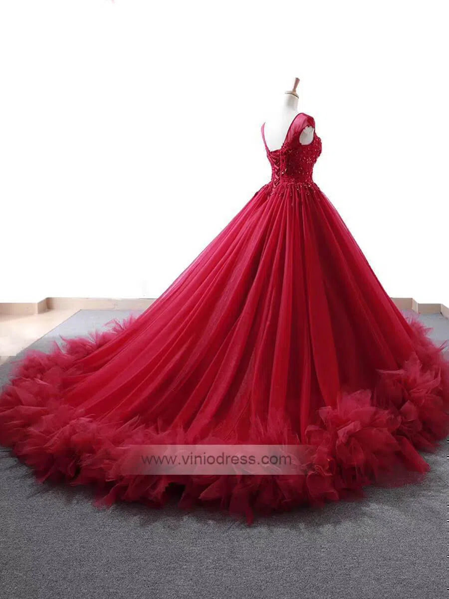 Cap Sleeve Dark Red Ball Gown Prom Dresses Beaded Quinceanera Dress FD1094 viniodress-prom dresses-Viniodress-Viniodress