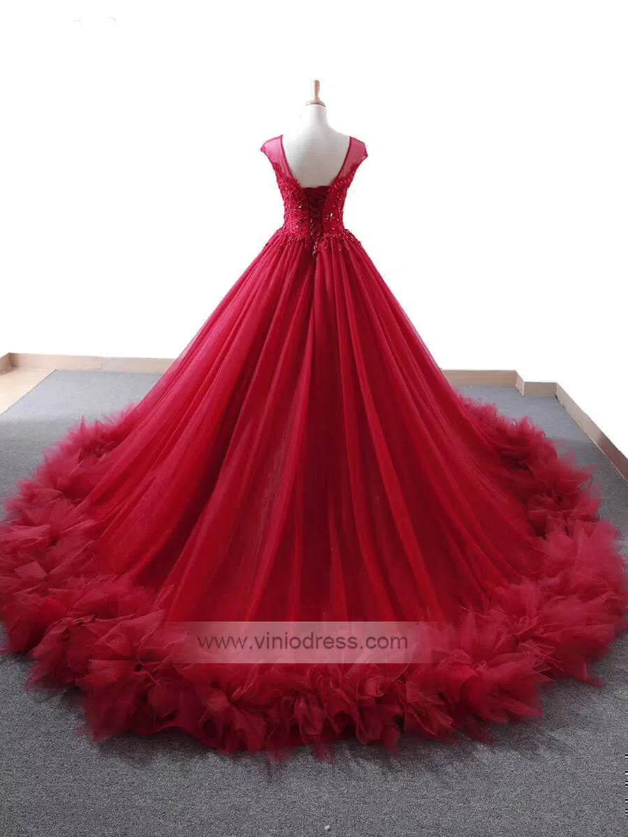 Cap Sleeve Dark Red Ball Gown Prom Dresses Beaded Quinceanera Dress FD1094 viniodress-prom dresses-Viniodress-Viniodress