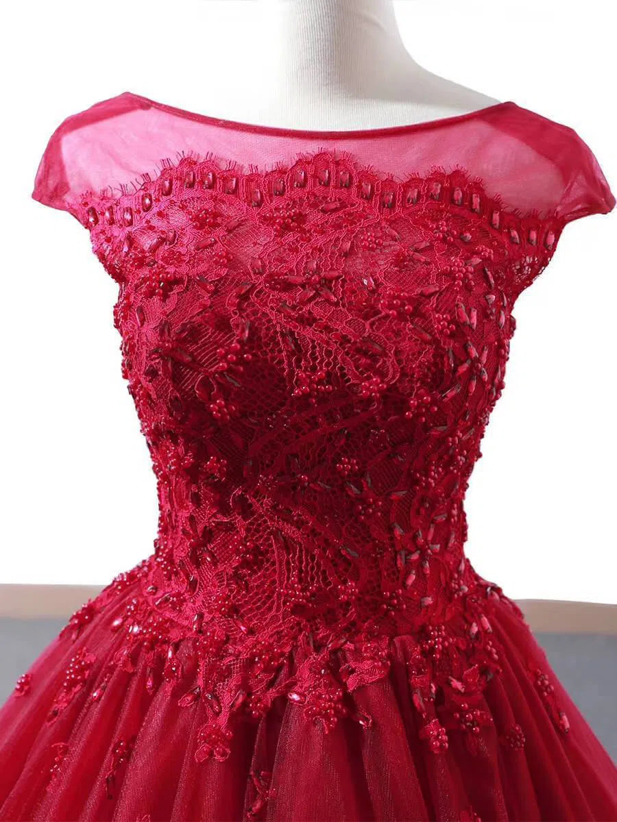 Cap Sleeve Dark Red Ball Gown Prom Dresses Beaded Quinceanera Dress FD1094 viniodress-prom dresses-Viniodress-Viniodress