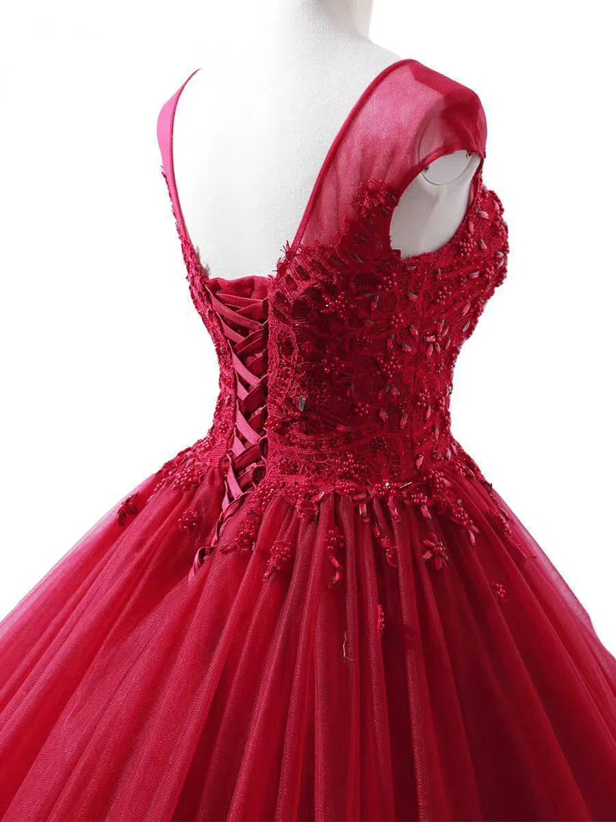 Cap Sleeve Dark Red Ball Gown Prom Dresses Beaded Quinceanera Dress FD1094 viniodress-prom dresses-Viniodress-Viniodress