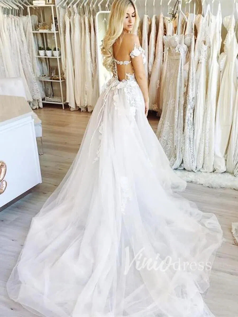 Cap Sleeve Floral Beach Wedding Dresses Online VW1181-wedding dresses-Viniodress-As Picture-Custom Size-Viniodress