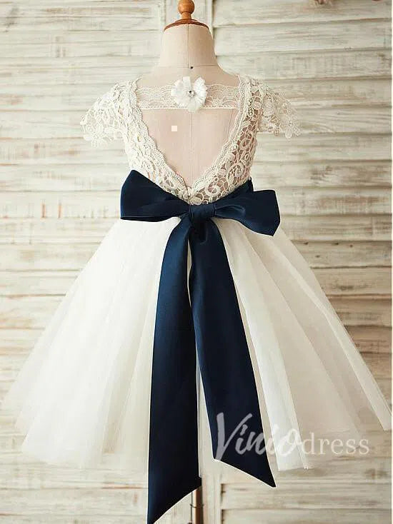 Cap Sleeve Flower Girl Dresses Navy Sash GL1015-flower girl dresses 2025 -Viniodress-Ivory-Custom Size-