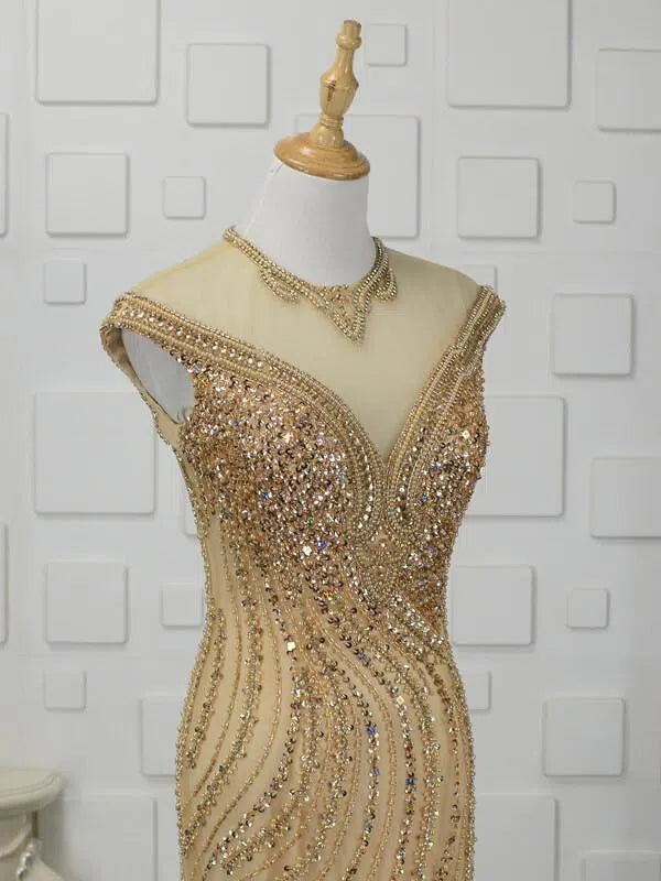 Cap Sleeve Gold Beaded Formal Dresses 20s Evening Dress FD1445-prom dresses-Viniodress-Viniodress