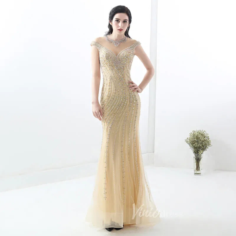 Cap Sleeve Gold Beaded Formal Dresses 20s Evening Dress FD1445-prom dresses-Viniodress-Viniodress