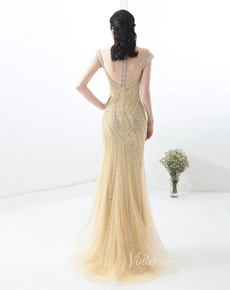 Cap Sleeve Gold Beaded Formal Dresses 20s Evening Dress FD1445-prom dresses-Viniodress-Viniodress