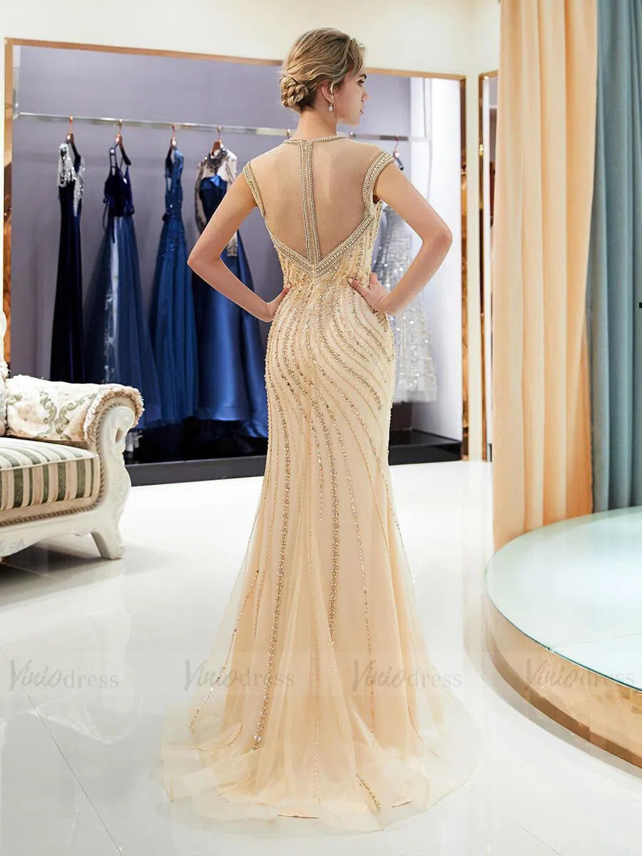 Cap Sleeve Gold Beaded Formal Dresses 20s Evening Dress FD1445-prom dresses-Viniodress-Viniodress