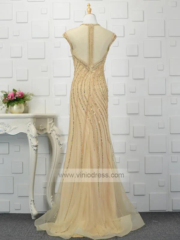 Cap Sleeve Gold Beaded Formal Dresses 20s Evening Dress FD1445-prom dresses-Viniodress-Viniodress