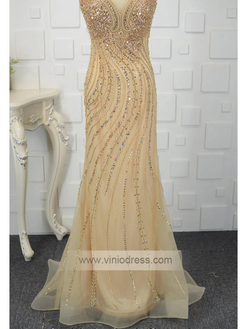 Cap Sleeve Gold Beaded Formal Dresses 20s Evening Dress FD1445-prom dresses-Viniodress-Viniodress