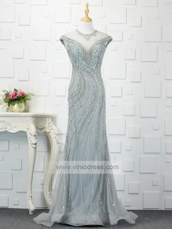 Cap Sleeve Gold Beaded Formal Dresses 20s Evening Dress FD1445-prom dresses-Viniodress-Grey-Custom Size-Viniodress