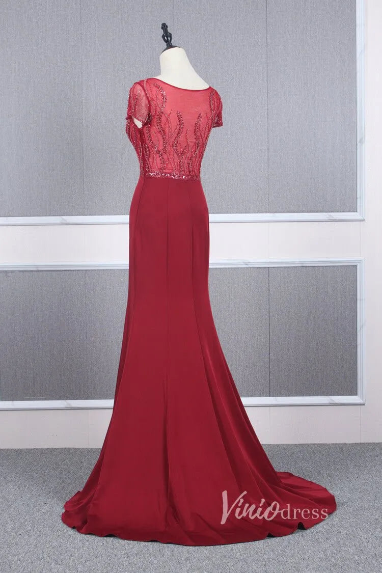 Cap Sleeve Red Sheath Prom Dresses Beaded Evening Dress FD2817-Evening Dresses 2025 -Viniodress-Red-US 2-