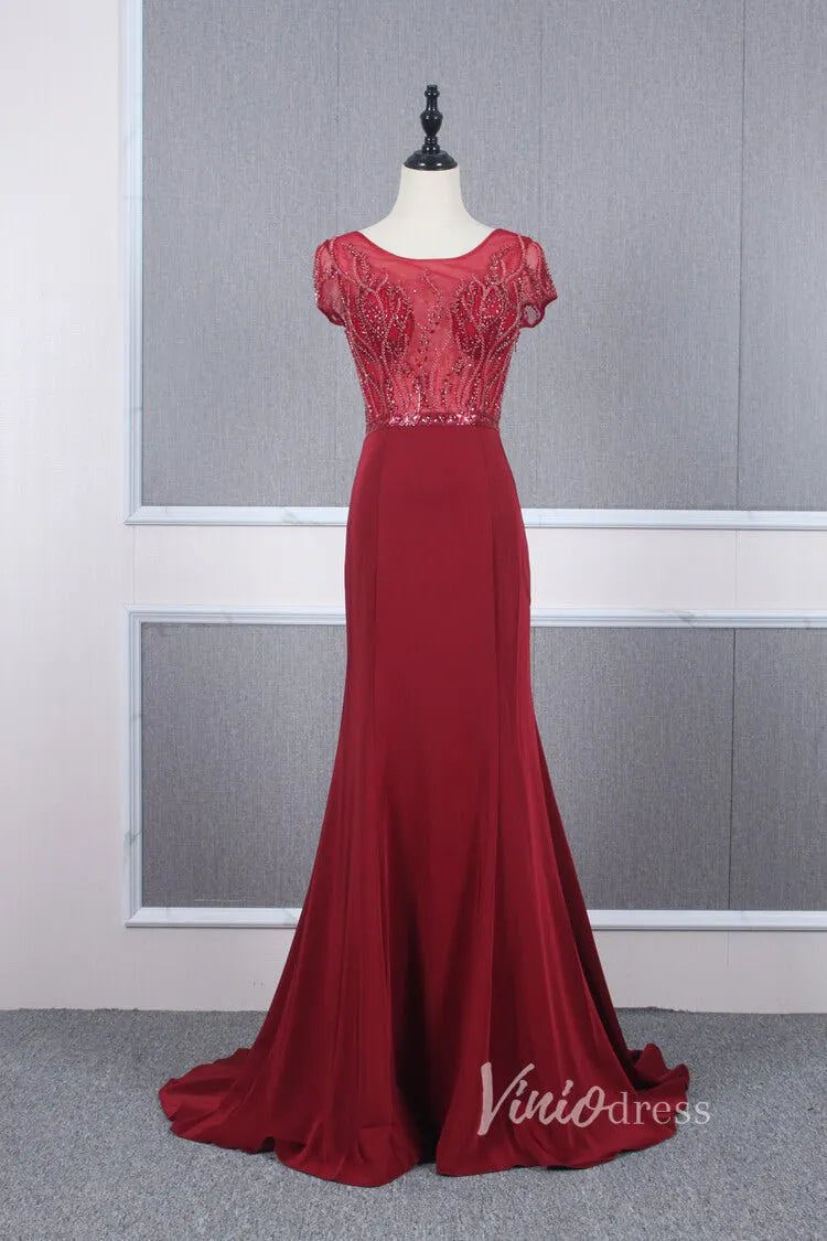 Cap Sleeve Red Sheath Prom Dresses Beaded Evening Dress FD2817-Evening Dresses 2025 -Viniodress-Red-US 2-