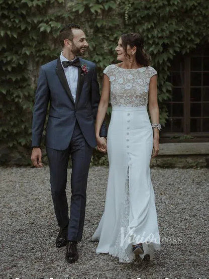 Cap Sleeve Sheath Lace Wedding Dresses with Slit Viniodress VW1067-wedding dresses 2025 -Viniodress-Ivory-Custom Size-